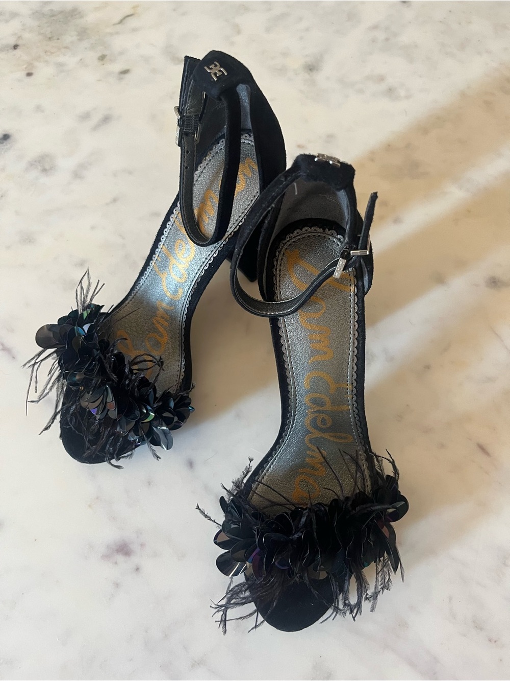 Sam Edelman Black Feather & Sequin Ankle-Strap Women's Sandals